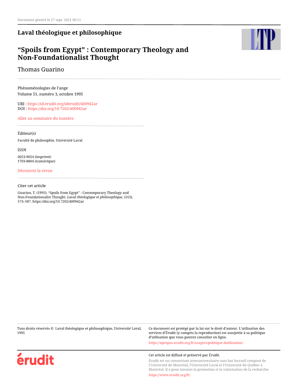 Spoils from Egypt” : Contemporary Theology and Non-Foundationalist Thought Thomas Guarino