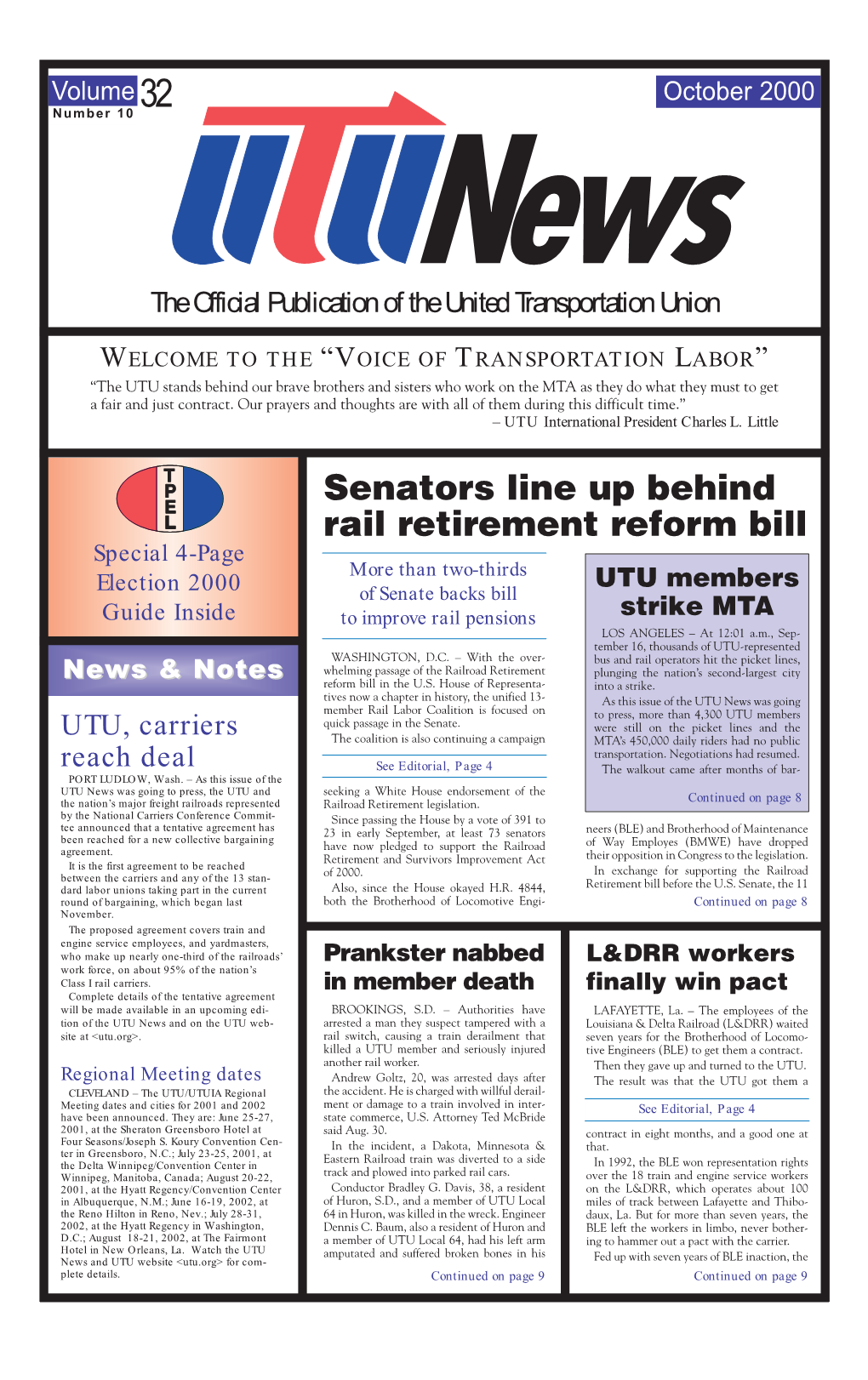 UTU News, October 2000, Vol. 32, No. 10