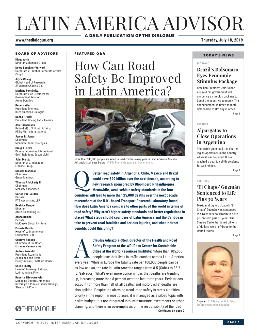 LATIN AMERICA ADVISOR a DAILY PUBLICATION of the DIALOGUE Thursday, July 18, 2019