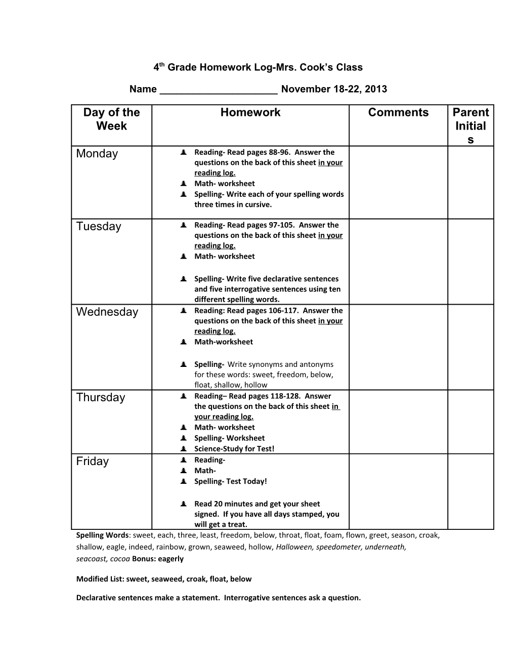 4Th Grade Homework Log s3