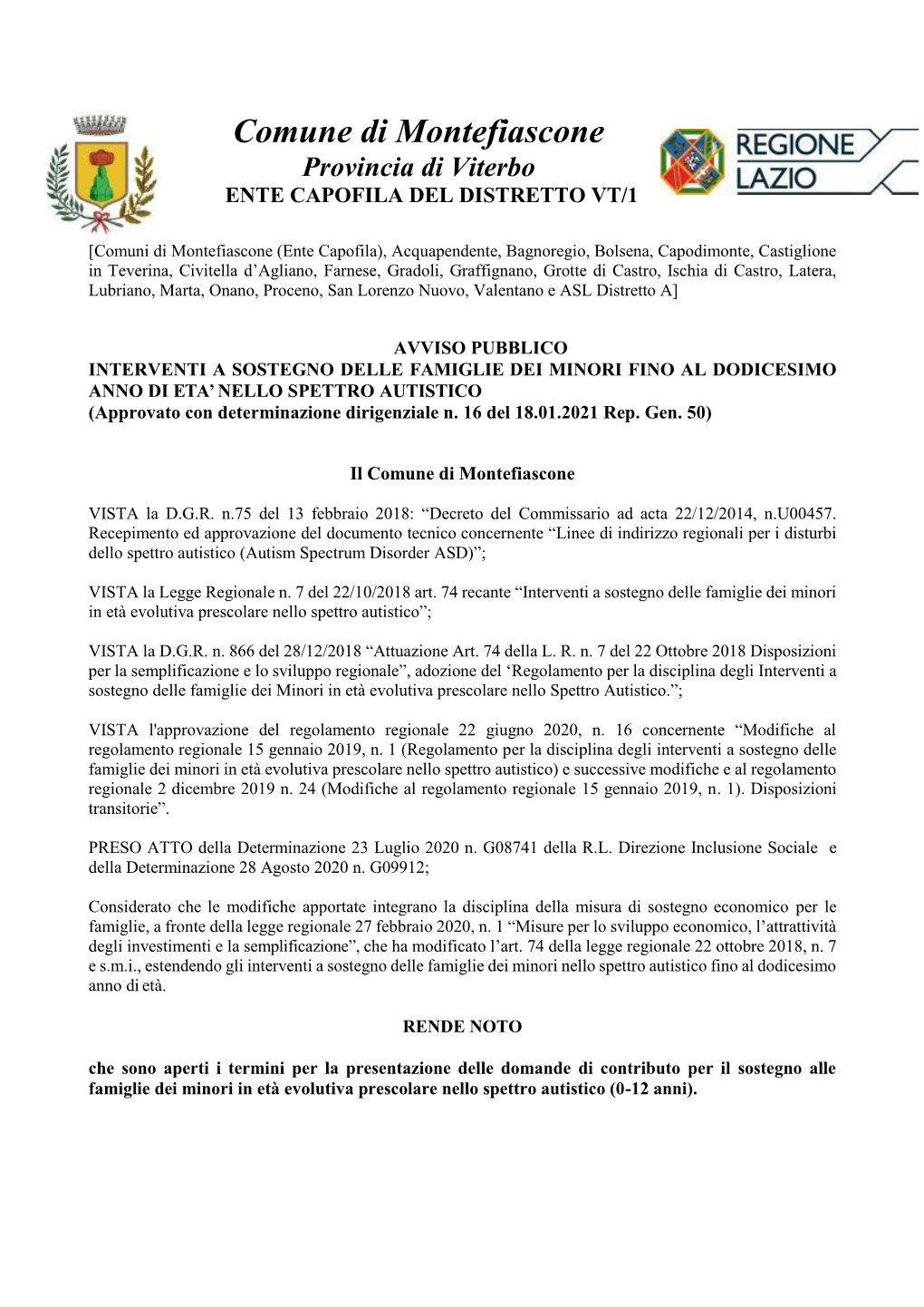 Comune Di Montefiascone Provincia Di Viterbo ENTE CAPOFILA DEL DISTRETTO VT/1