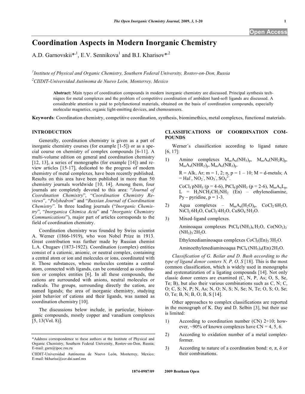 Coordination Aspects in Modern Inorganic Chemistry A.D