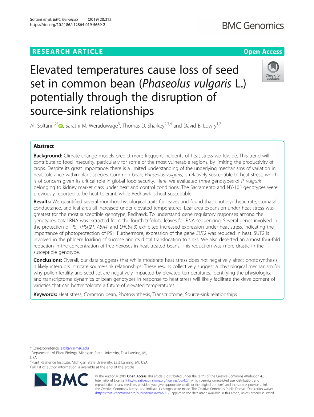 Elevated Temperatures Cause Loss of Seed Set in Common Bean