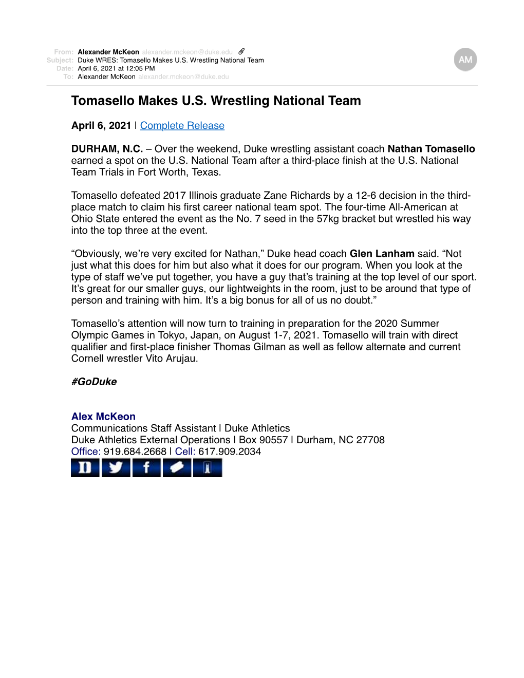 Duke WRES Tomasello Makes US Wrestling National Team