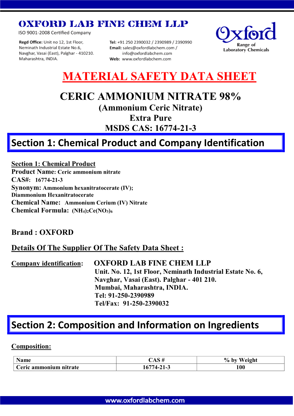 Ceric Ammonium Nitrate MSDS