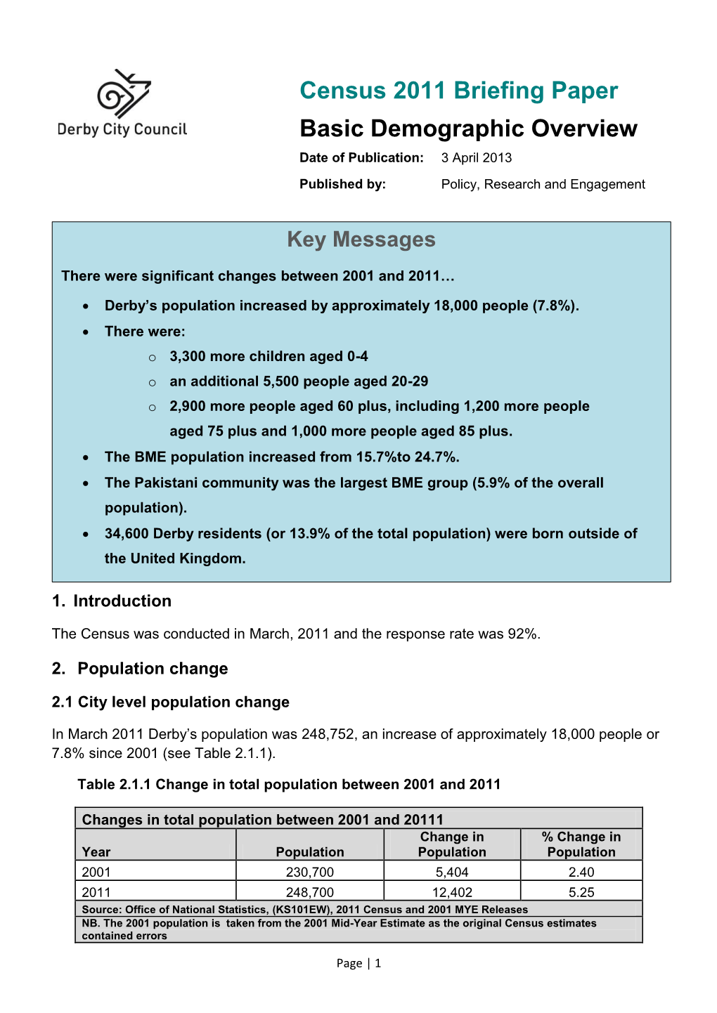 Page | 1 Census 2011 Briefing Paper Basic Demographic