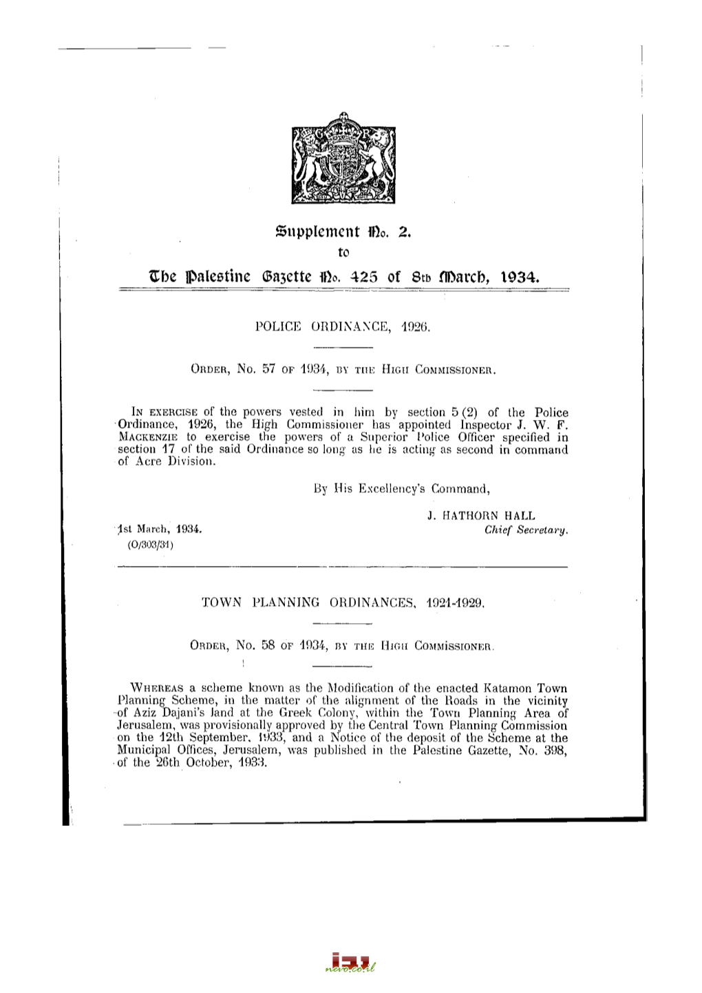 Supplement Fl3o. 2. Œbe Palestine <Sa3ette Fl3o. 425 of 8» Fldarcb. 1934