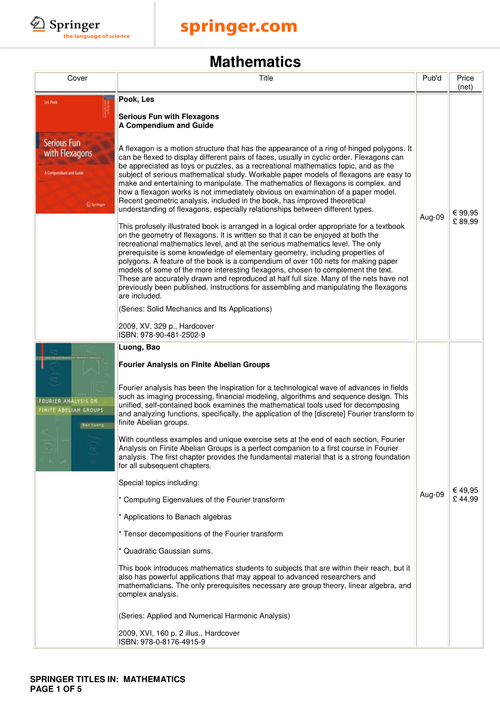 Mathematics Cover Title Pub'd Price (Net) Pook, Les