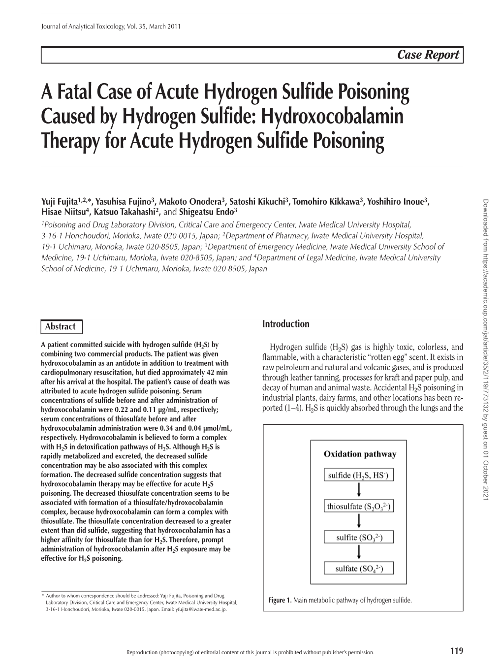 Hydroxocobalamin Therapy for Acute Hydrogen Sulfide Poisoning