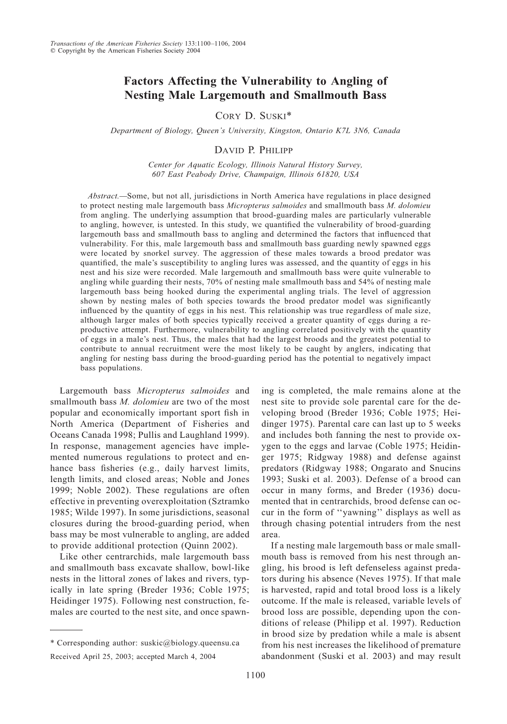 Factors Affecting the Vulnerability to Angling of Nesting Male Largemouth and Smallmouth Bass