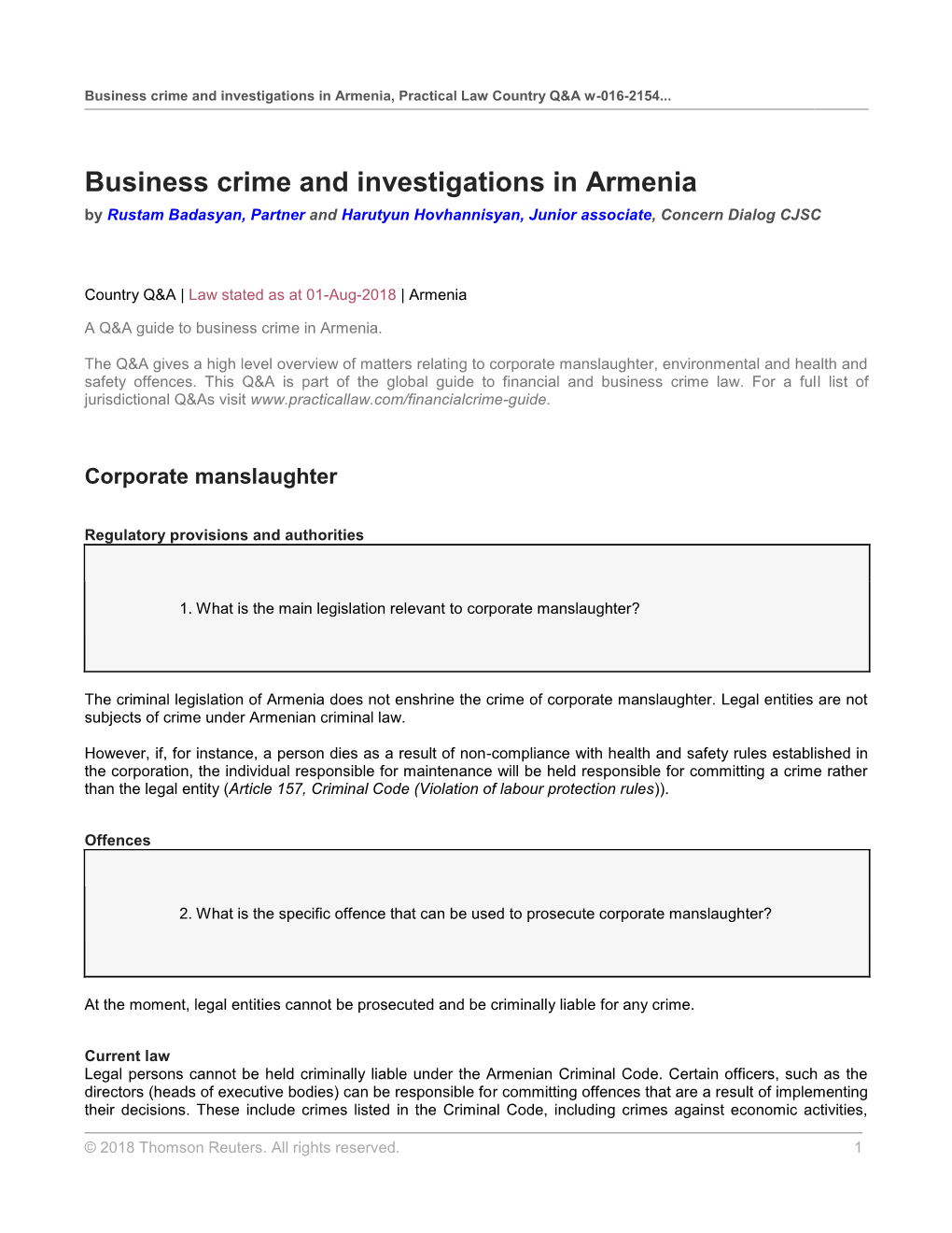 Business Crime and Investigations in Armenia, Practical Law Country Q&A W-016-2154