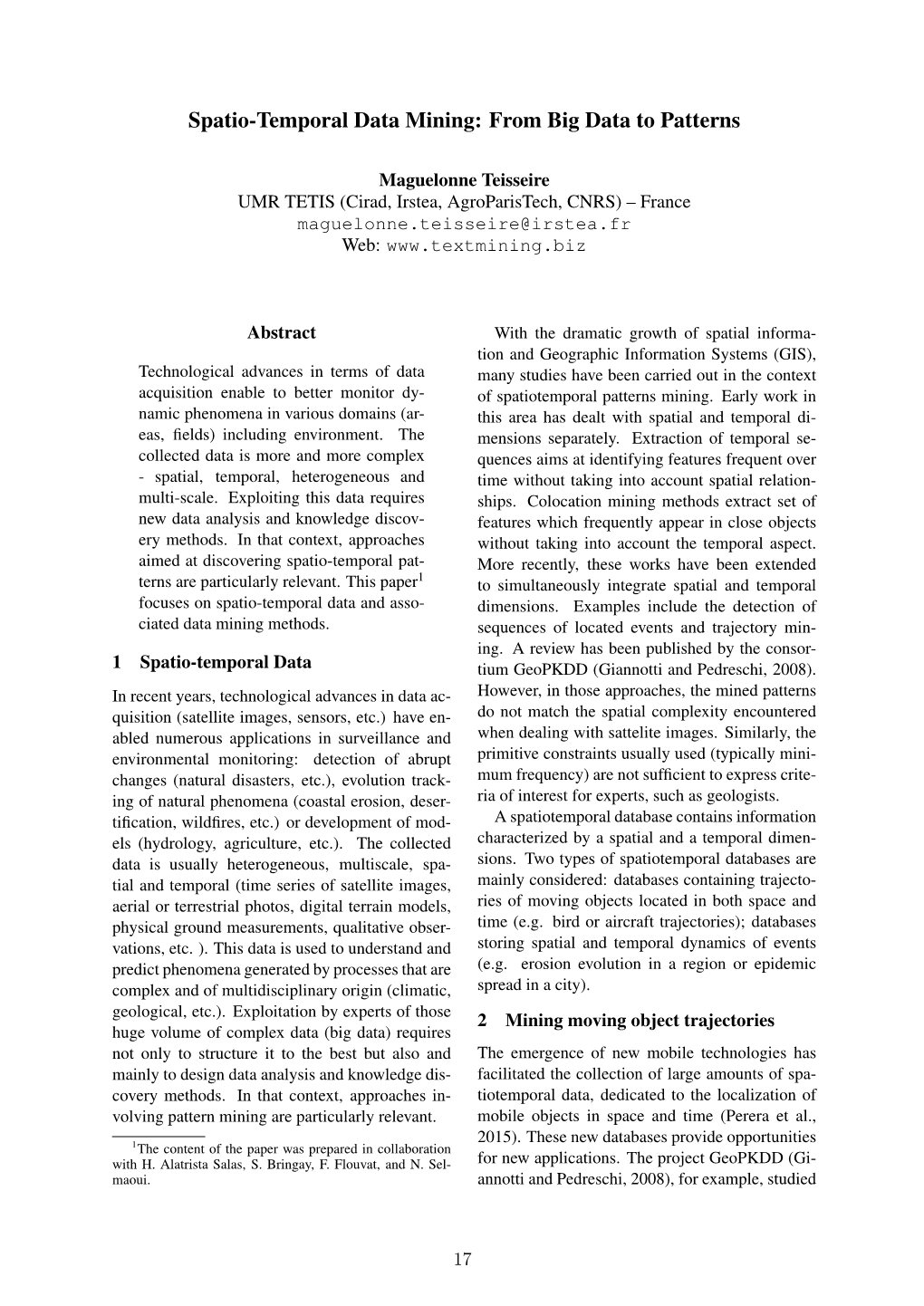 Spatio-Temporal Data Mining: from Big Data to Patterns