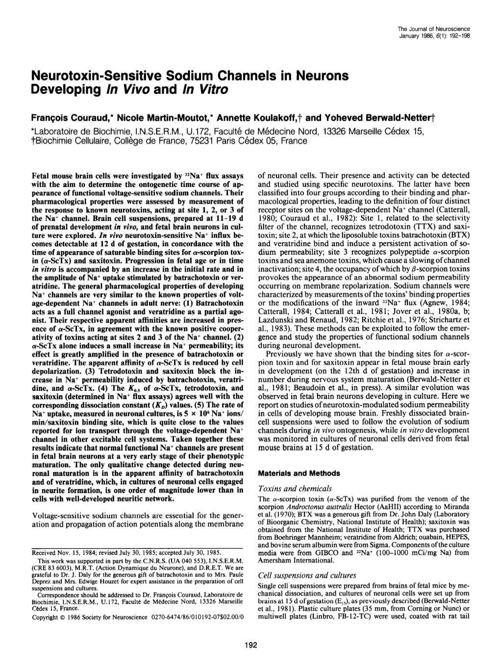 Neurotoxin-Sensitive Sodium Channels in Neurons Developing /N Vivo and /II Vitro