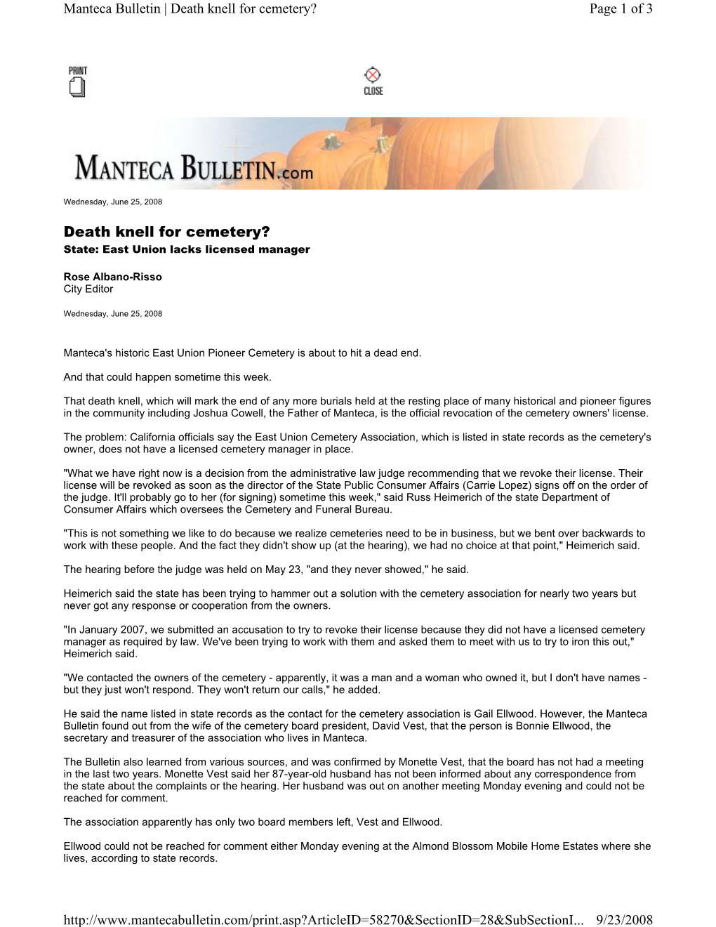 Death Knell for Cemetery? Page 1 of 3 Manteca Bulletin | Death Knell