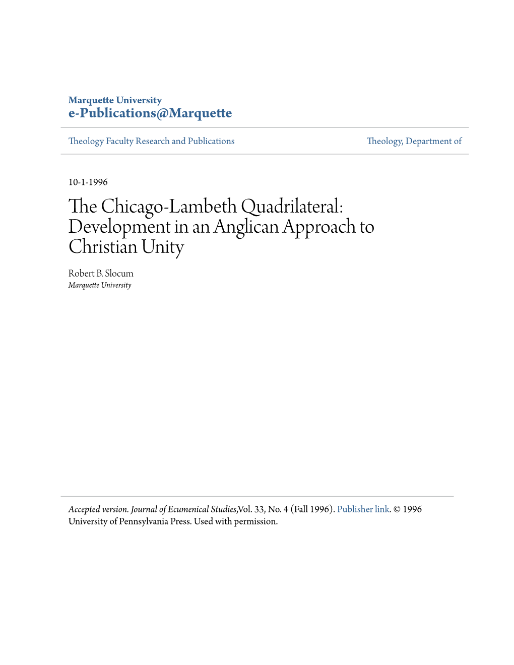 The Chicago-Lambeth Quadrilateral: Development in an Anglican Approach to Christian Unity