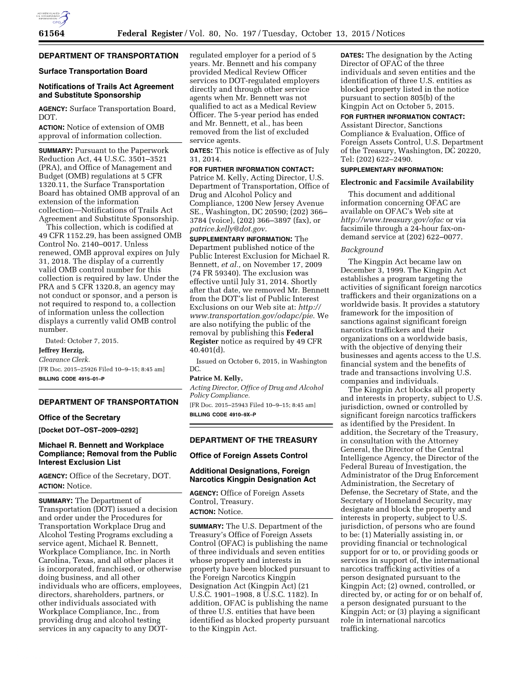 Federal Register/Vol. 80, No. 197/Tuesday, October 13, 2015