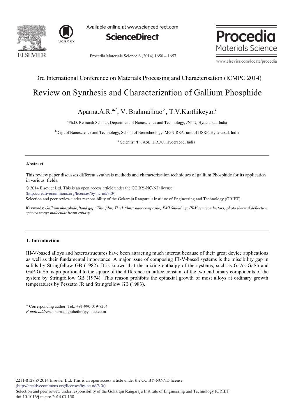 Review on Synthesis and Characterization of Gallium Phosphide