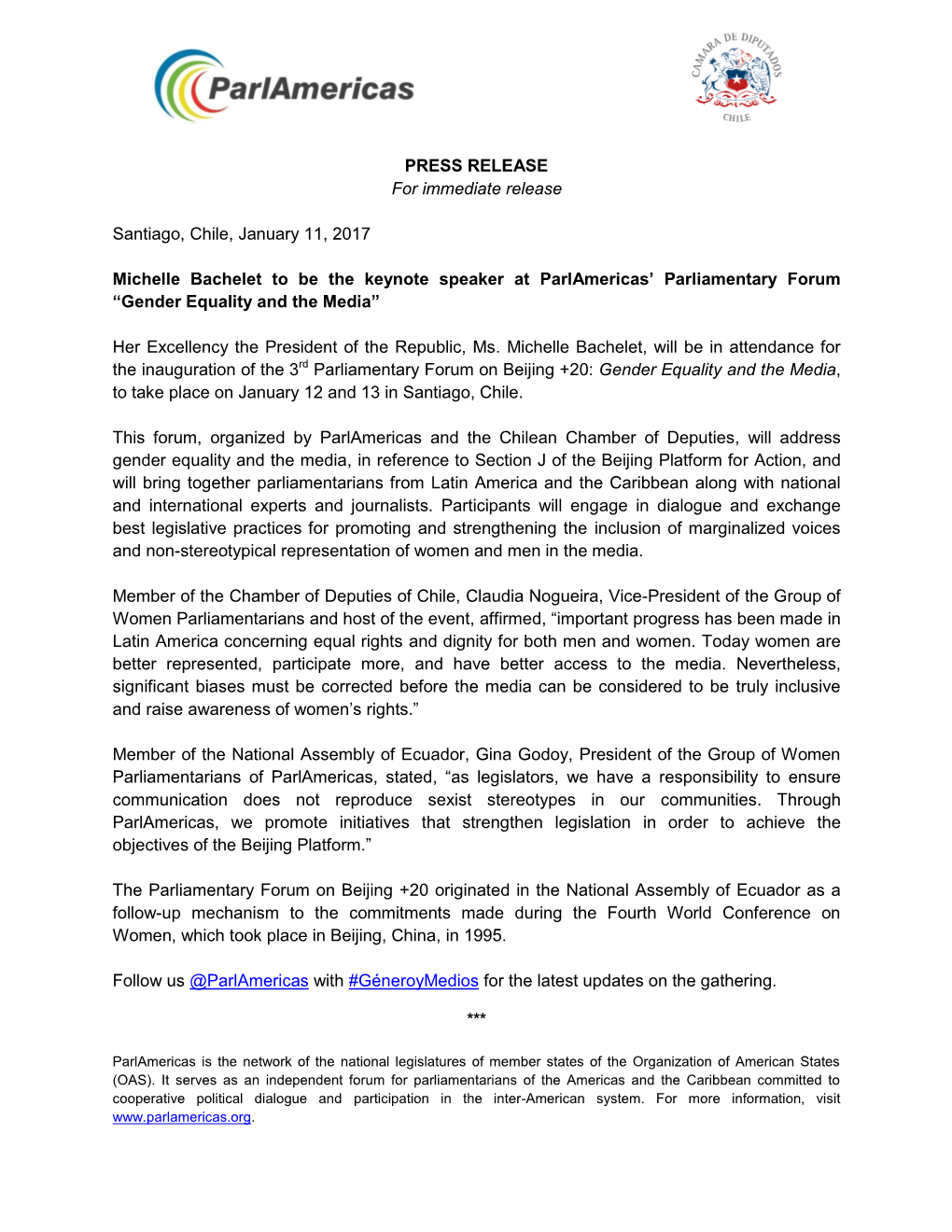 PRESS RELEASE for Immediate Release Santiago, Chile, January 11