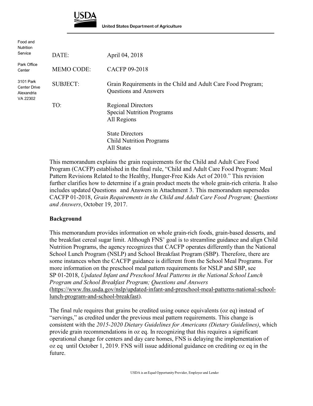 CACFP 09-2018: Grain Requirements in the CACFP; Q and A