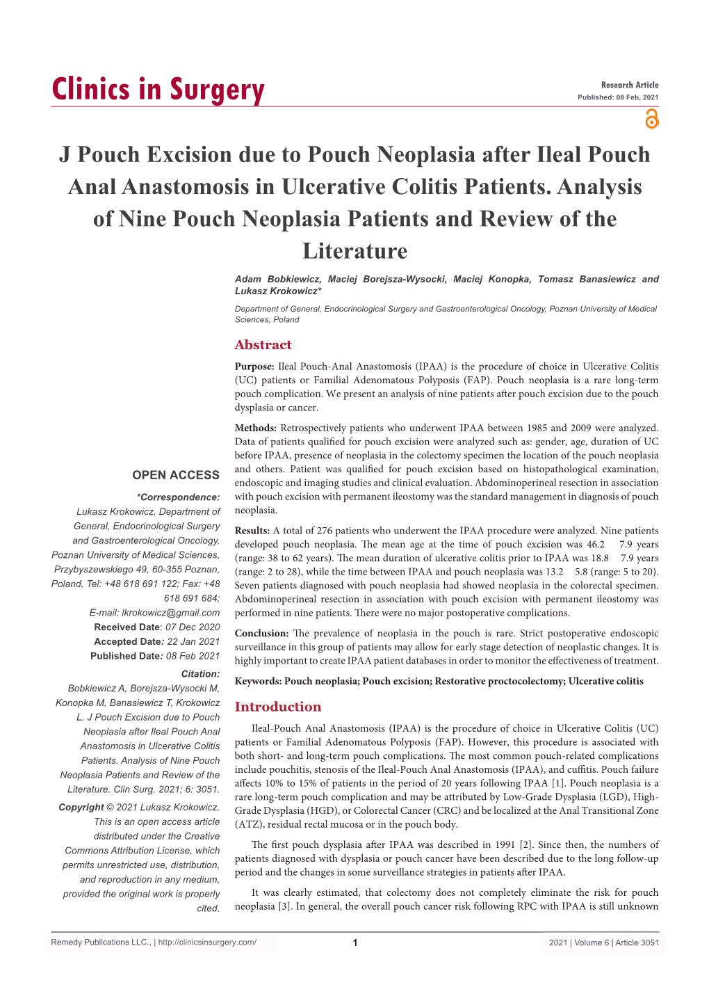 J Pouch Excision Due to Pouch Neoplasia After Ileal Pouch Anal Anastomosis in Ulcerative Colitis Patients