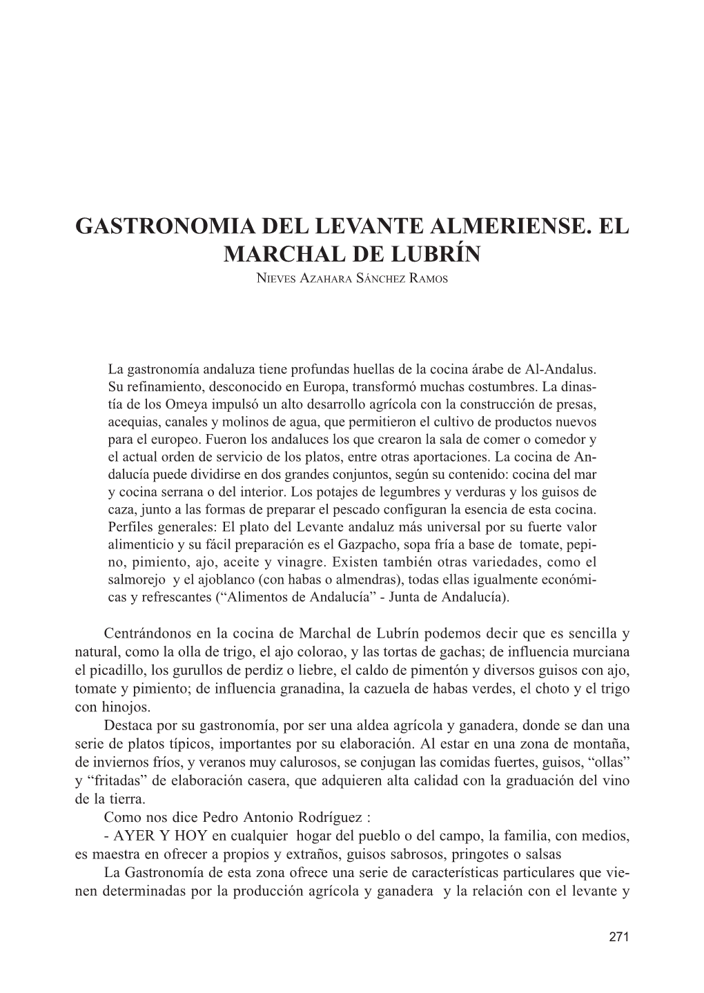 Gastronomia Del Levante Almeriense. El Marchal De Lubrín Nieves Azahara Sánchez Ramos