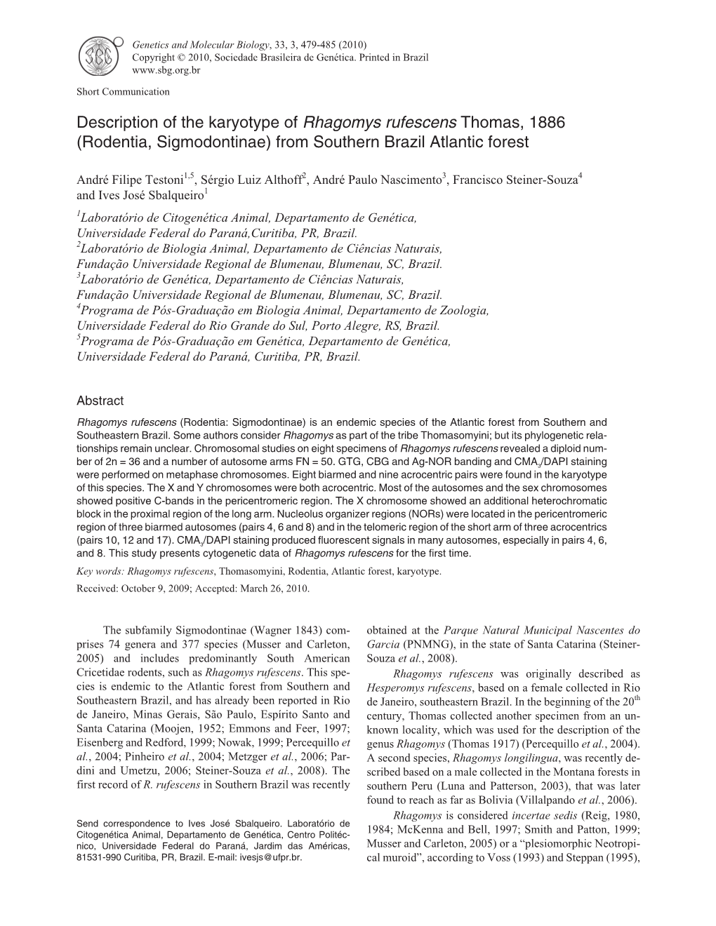 (Rodentia, Sigmodontinae) from Southern Brazil Atlantic Forest