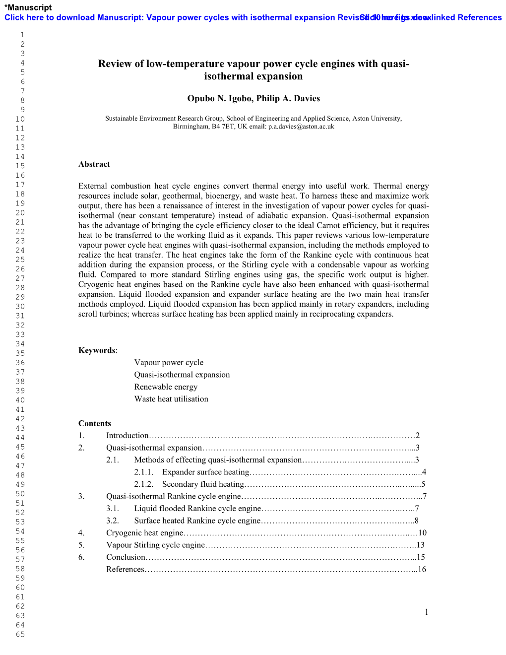 Review of Low-Temperature Vapour Power Cycle Engines with Quasi- 5 Isothermal Expansion 6 7 8 Opubo N