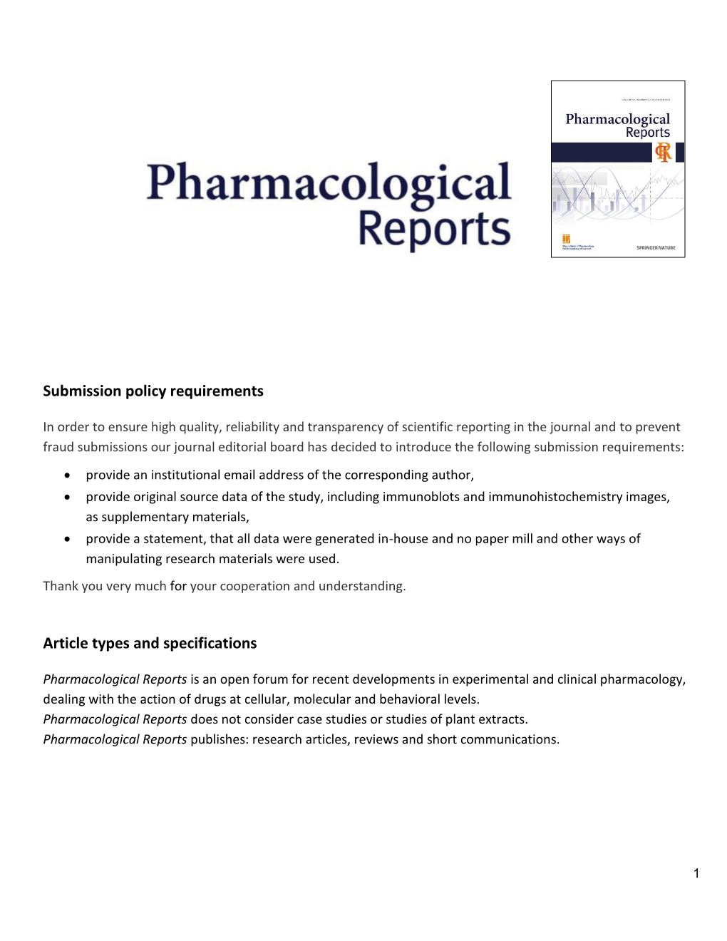 Submission Policy Requirements Article Types and Specifications