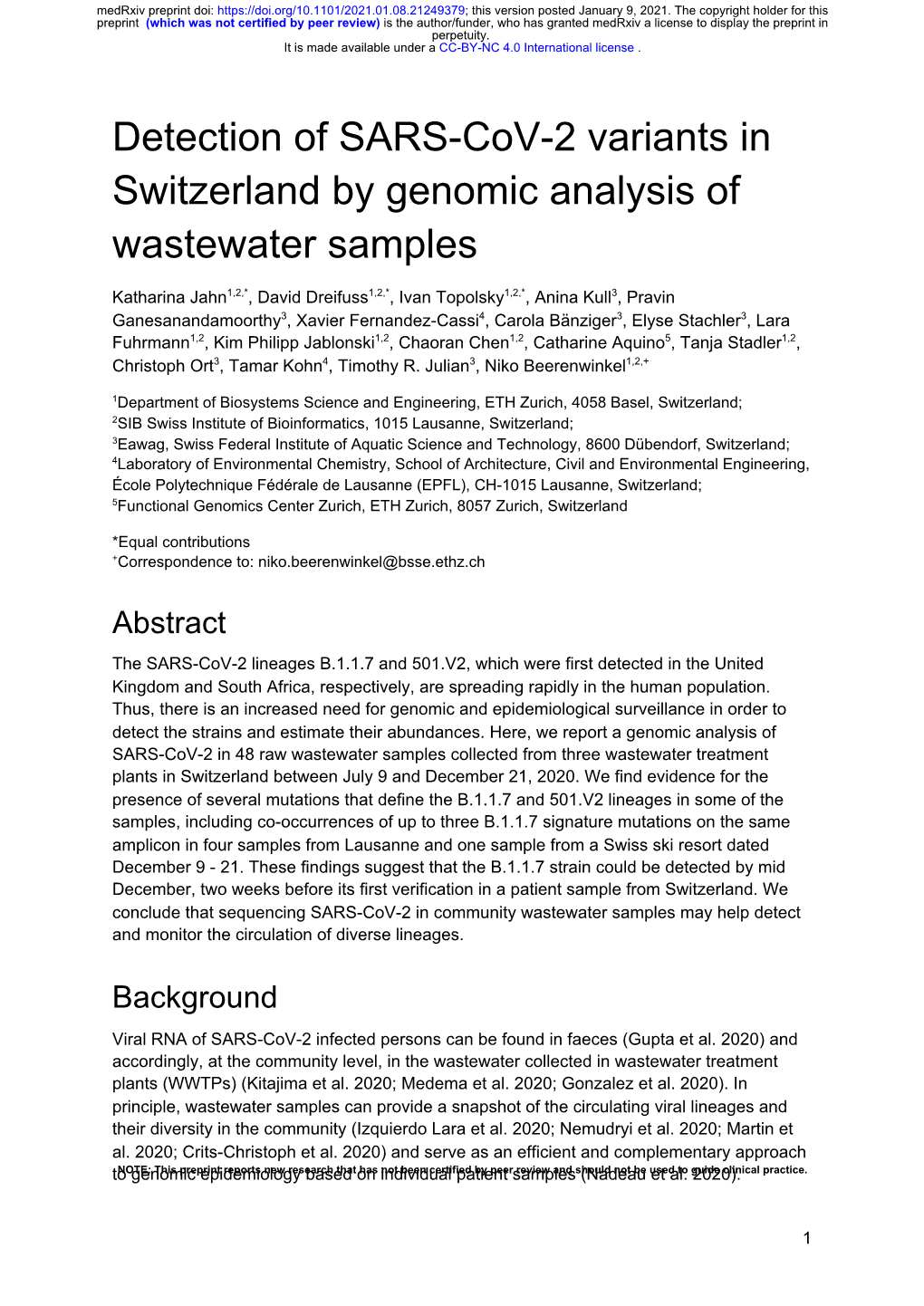 Detection of SARS-Cov-2 Variants in Switzerland by Genomic Analysis of Wastewater Samples