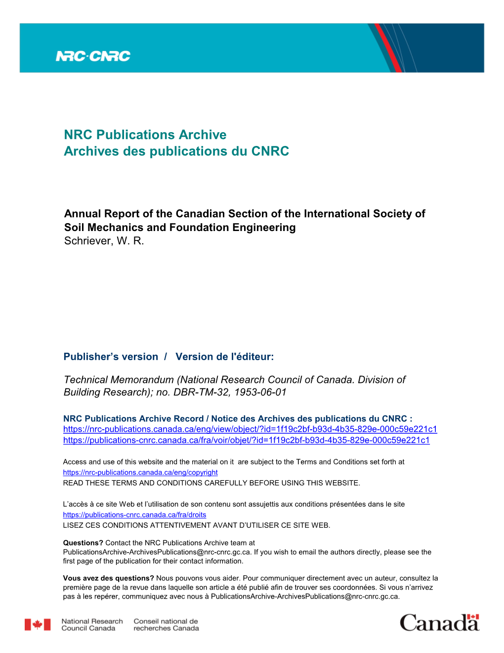 Annual Report of the Canadian Section of the International Society of Soil Mechanics and Foundation Engineering Schriever, W