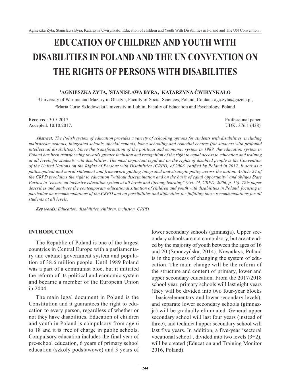 Education of Children and Youth with Disabilities in Poland and UN