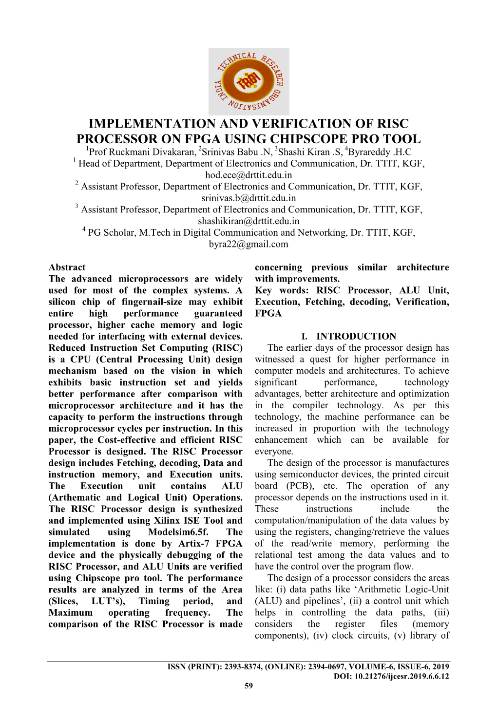 Implementation and Verification of Risc Processor on Fpga Using Chipscope