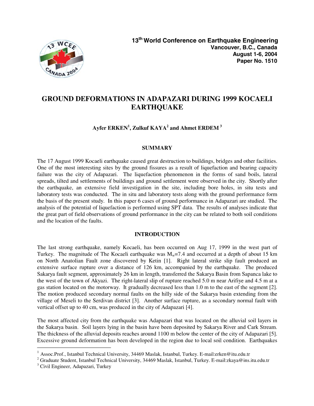 Ground Deformation in Adapazari During 1999 Kocaeli Earthquake.” Engineering Geology (In Revue) 5