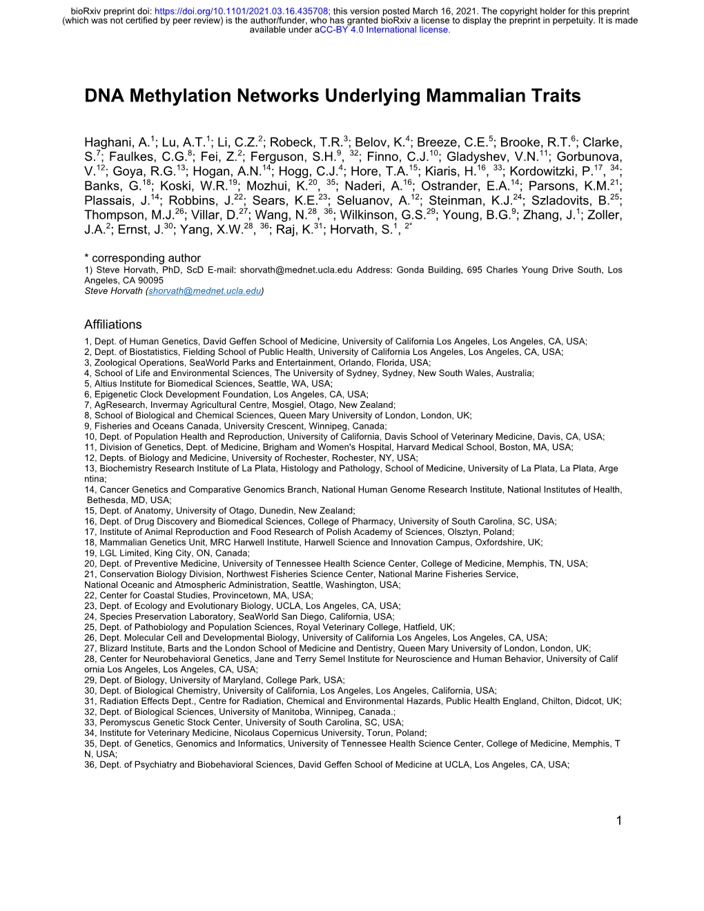 DNA Methylation Networks Underlying Mammalian Traits