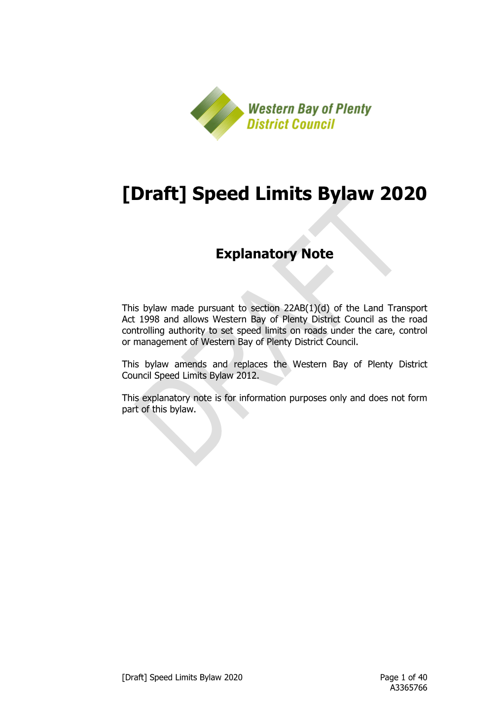 Item 9.2 Adoption of the Draft Speed Limits Bylaw 2020 for Consultation