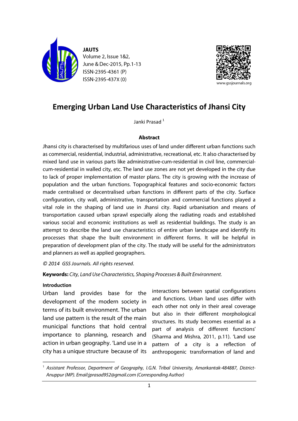 Emerging Urban Land Use Characteristics of Jhansi City