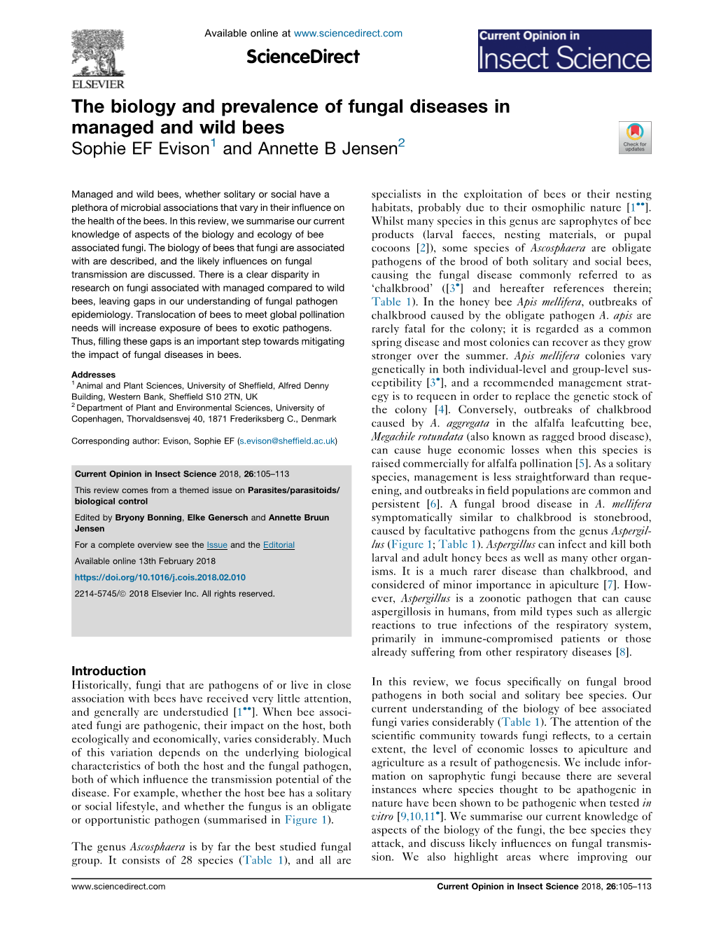 The Biology and Prevalence of Fungal Diseases in Managed and Wild Bees