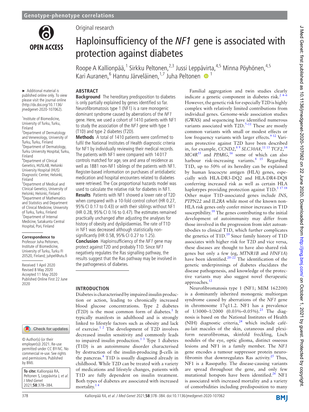 Haploinsufficiency of the NF1 Gene Is Associated with Protection Against