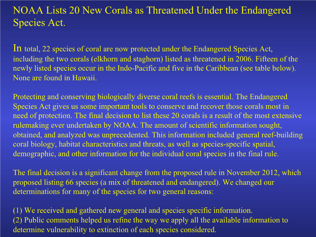 NOAA Lists 20 New Corals As Threatened Under the Endangered Species Act