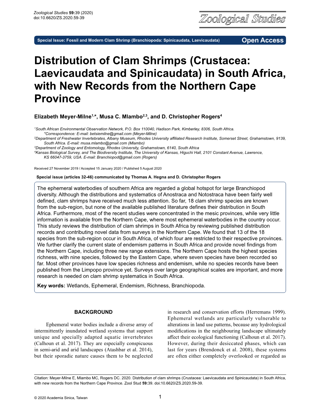 Distribution of Clam Shrimps (Crustacea: Laevicaudata and Spinicaudata) in South Africa, with New Records from the Northern Cape Province