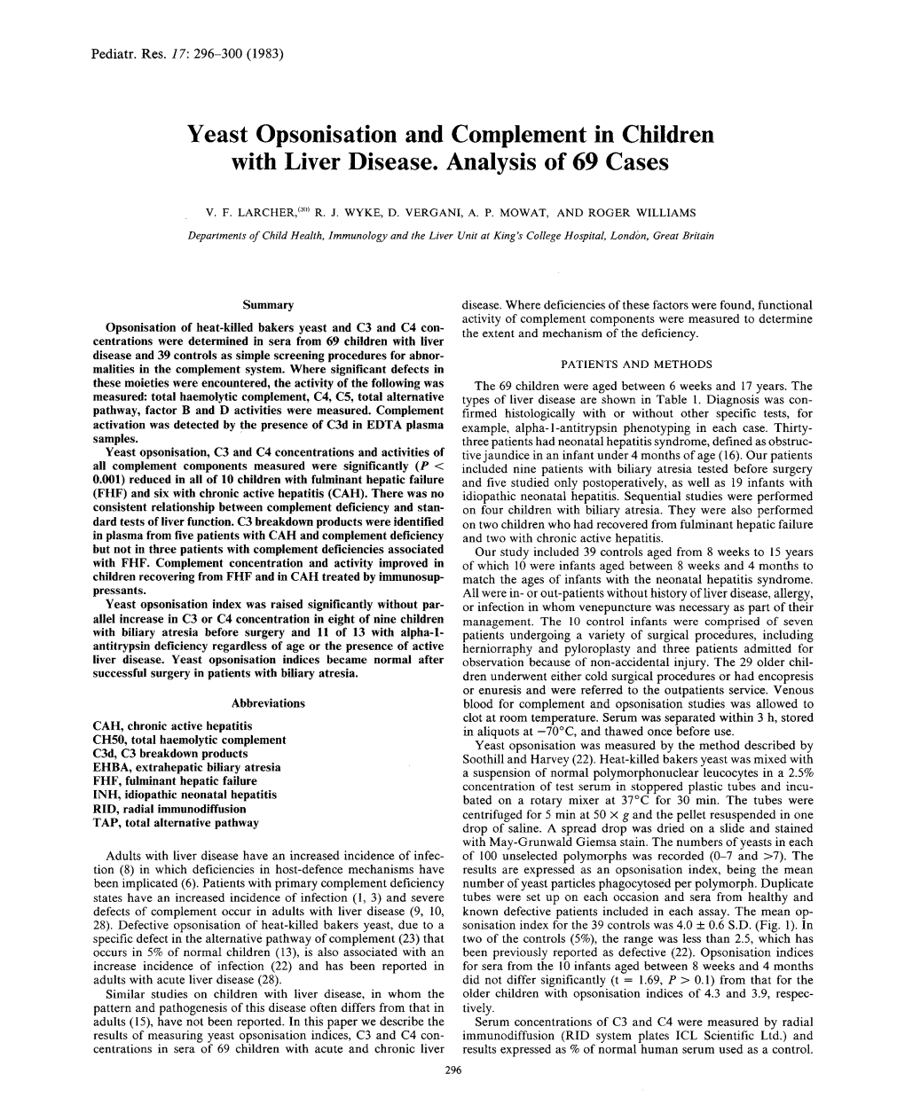 Yeast Opsonisation and Complement in Children with Liver Disease