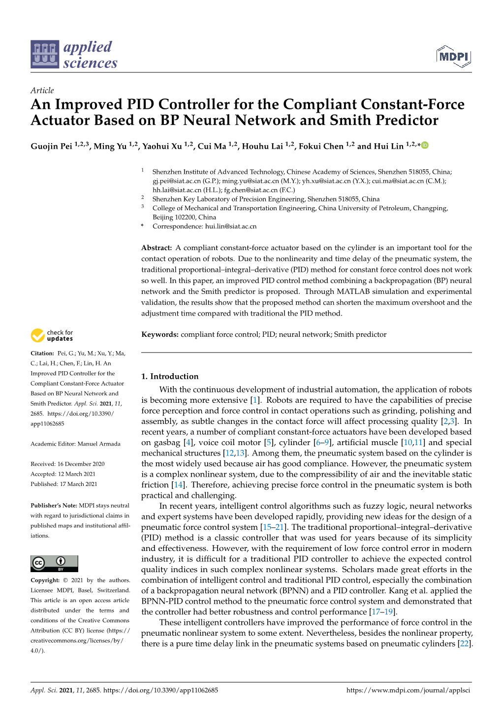 An Improved PID Controller for the Compliant Constant-Force Actuator Based on BP Neural Network and Smith Predictor