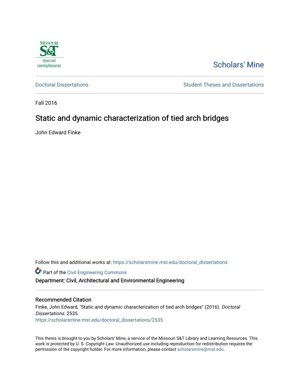 Static and Dynamic Characterization of Tied Arch Bridges