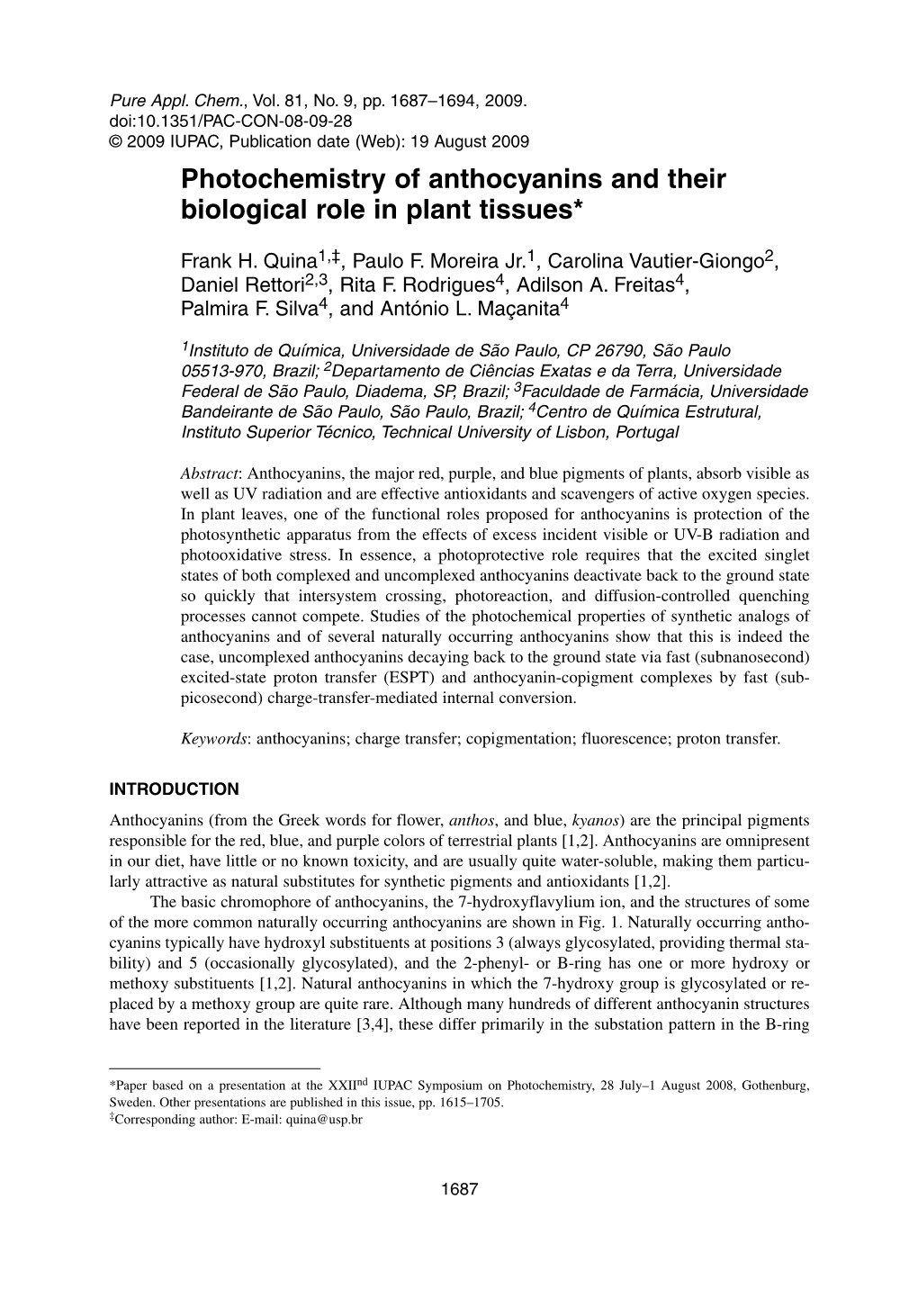 Photochemistry of Anthocyanins and Their Biological Role in Plant Tissues*