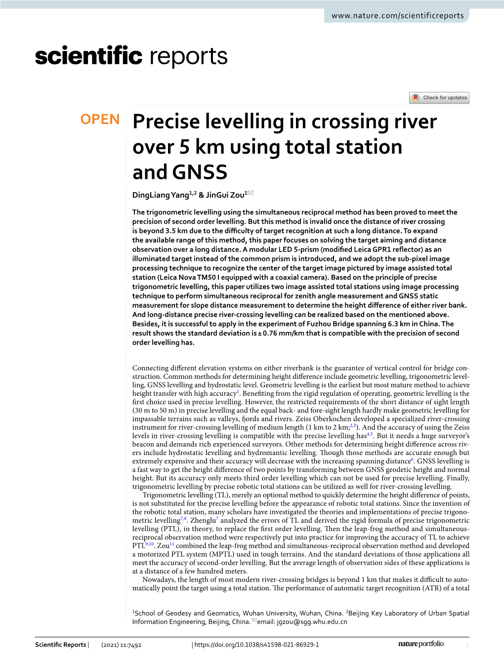 Precise Levelling in Crossing River Over 5 Km Using Total Station and GNSS Dingliang Yang1,2 & Jingui Zou1*