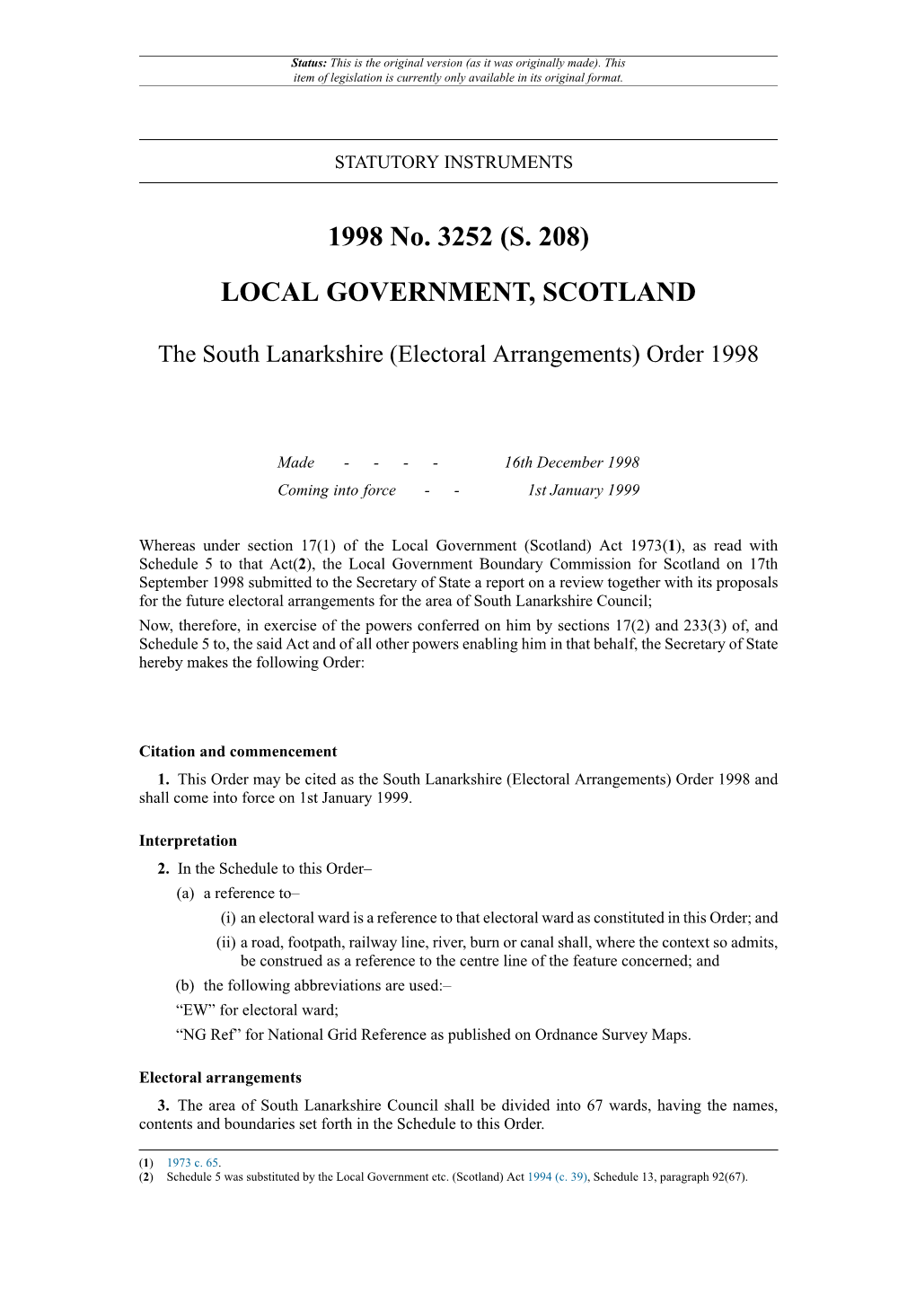 The South Lanarkshire (Electoral Arrangements) Order 1998