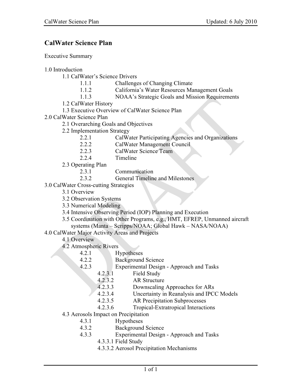 Calwater Science Plan Updated: 6 July 2010