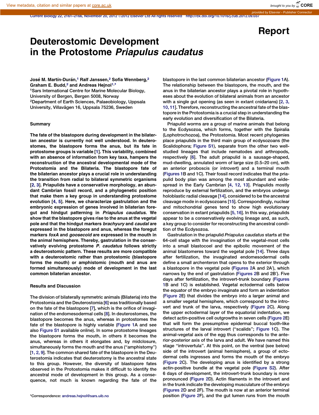 Deuterostomic Development in the Protostome Priapulus Caudatus