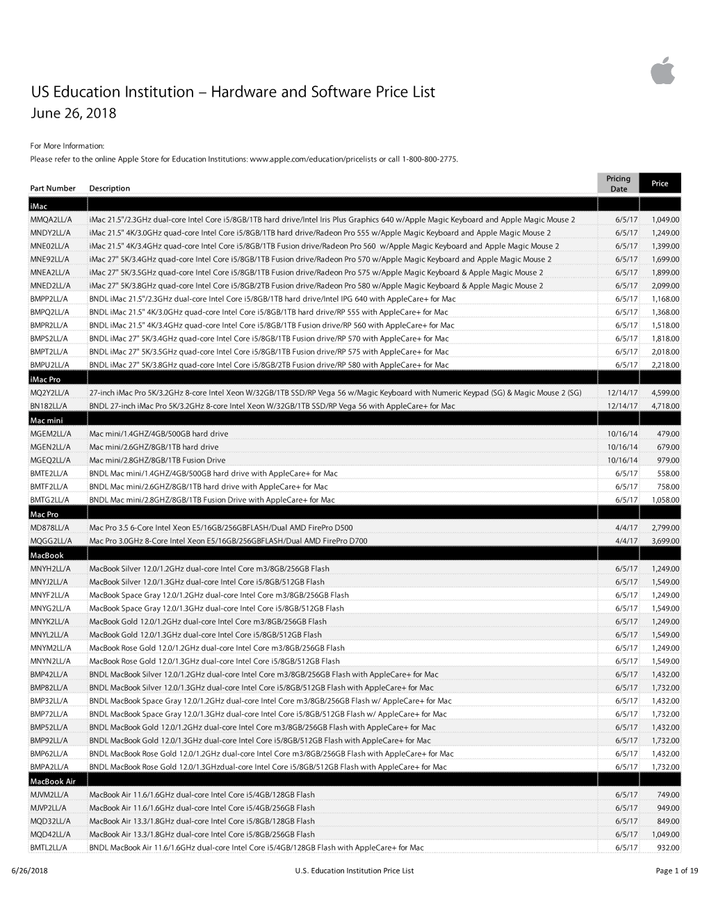 US Education Institution – Hardware and Software Price List June 26, 2018