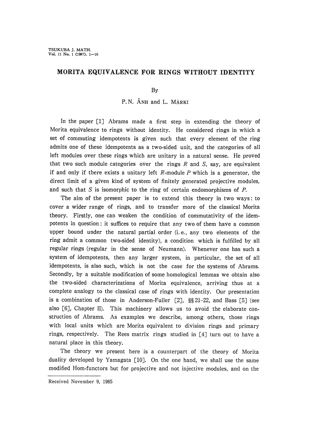 MORITA EQUIVALENCE for RINGS WITHOUT IDENTITY by P.N. Anh and L. Marki